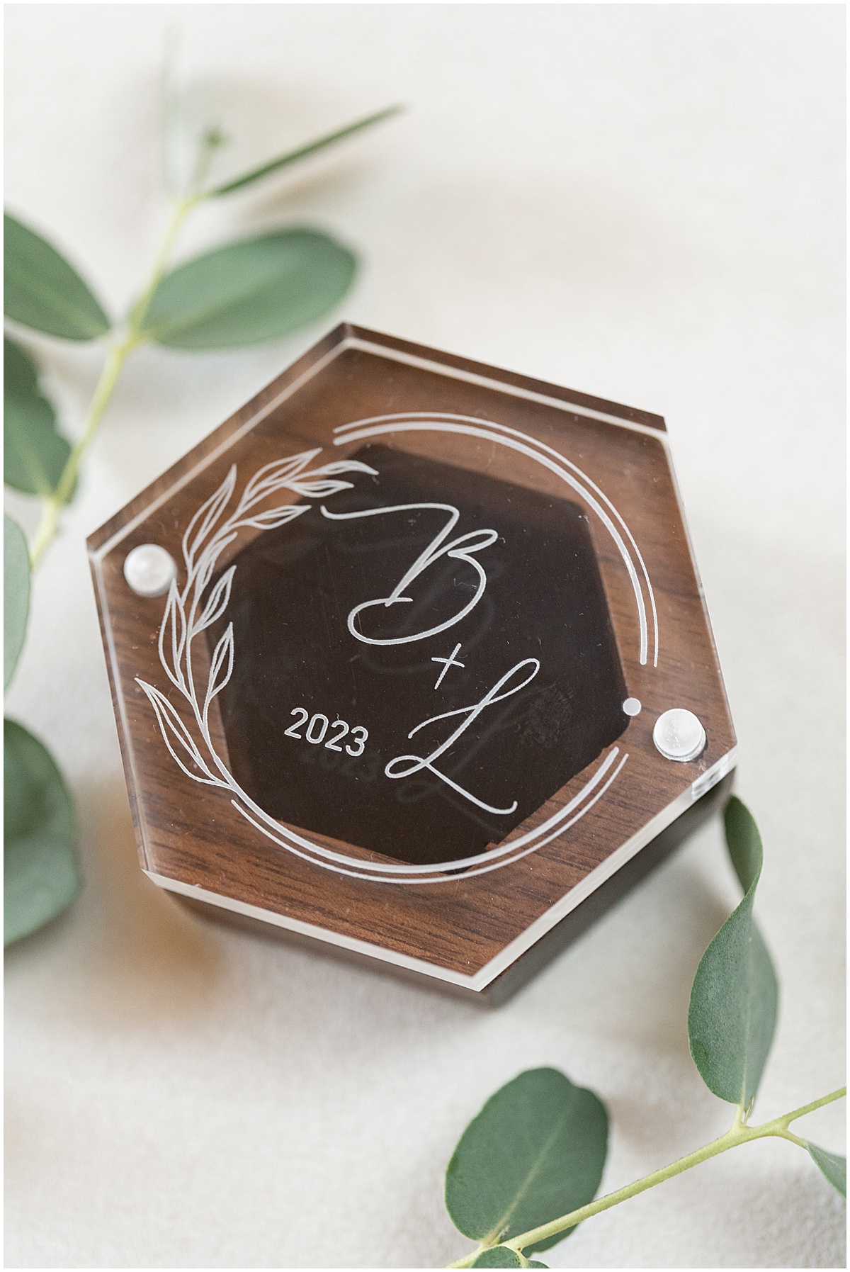 Personalized ring box for Stables Event Center wedding in Lafayette, Indiana