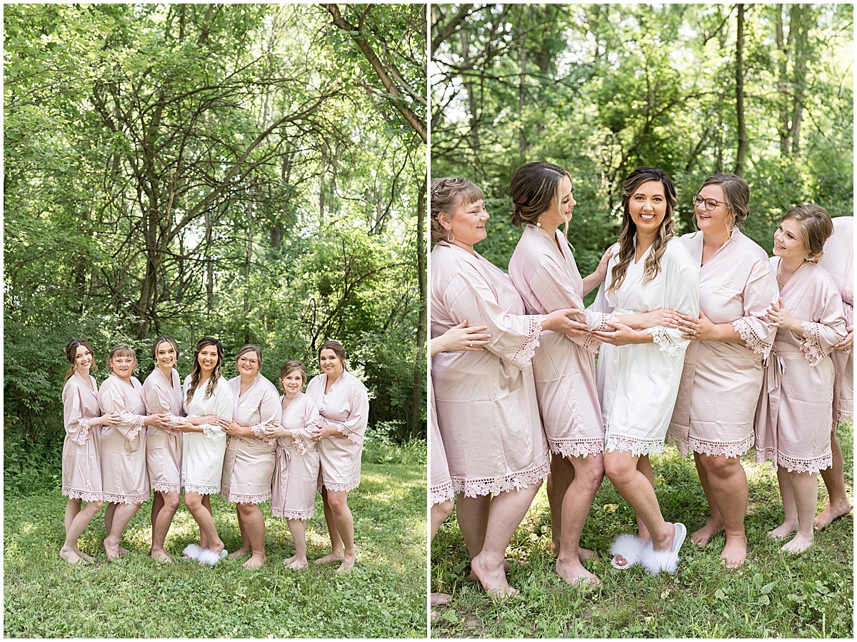 Bride and bridesmaids in robes before Stables Event Center wedding in Lafayette, Indiana