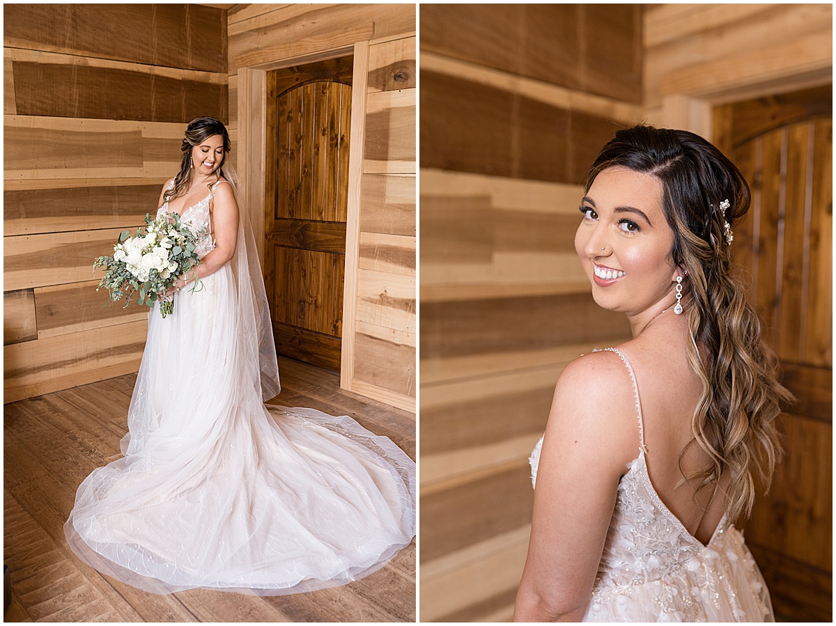 Bride in wooden room before Stables Event Center wedding in Lafayette, Indiana