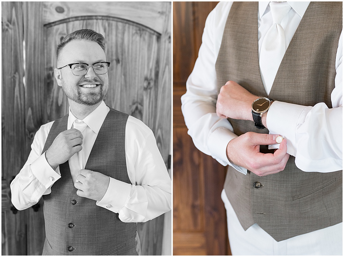 Groom puts on cufflinks for Stables Event Center wedding in Lafayette, Indiana