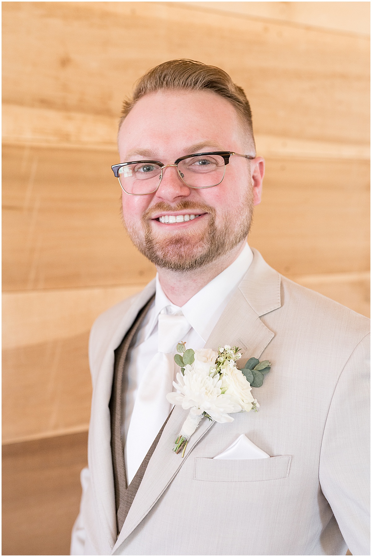Groom in tan for Stables Event Center wedding in Lafayette, Indiana
