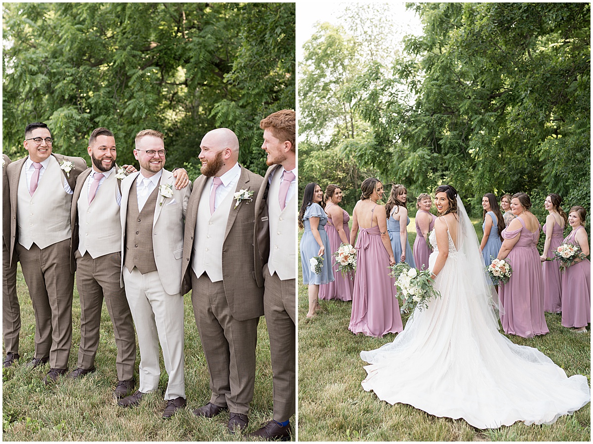 Groom laughs with groomsmen at Stables Event Center wedding in Lafayette, Indiana