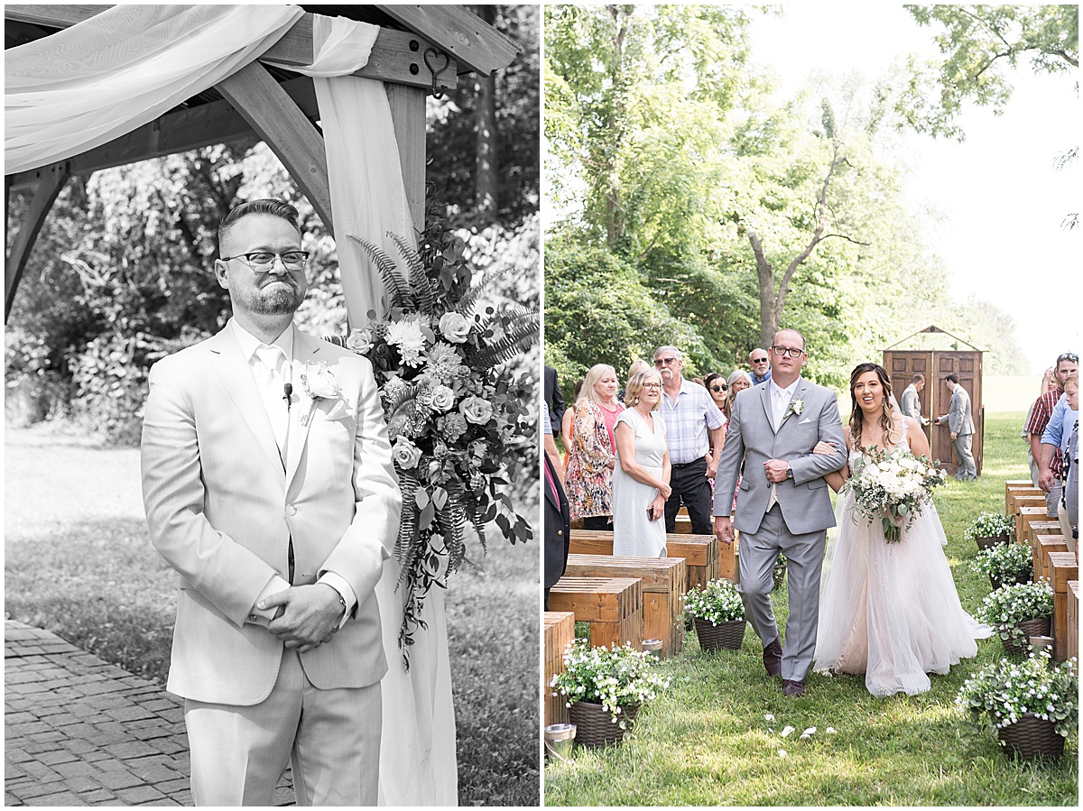 Groom reacts to bride walking down aisle at Stables Event Center wedding in Lafayette, Indiana