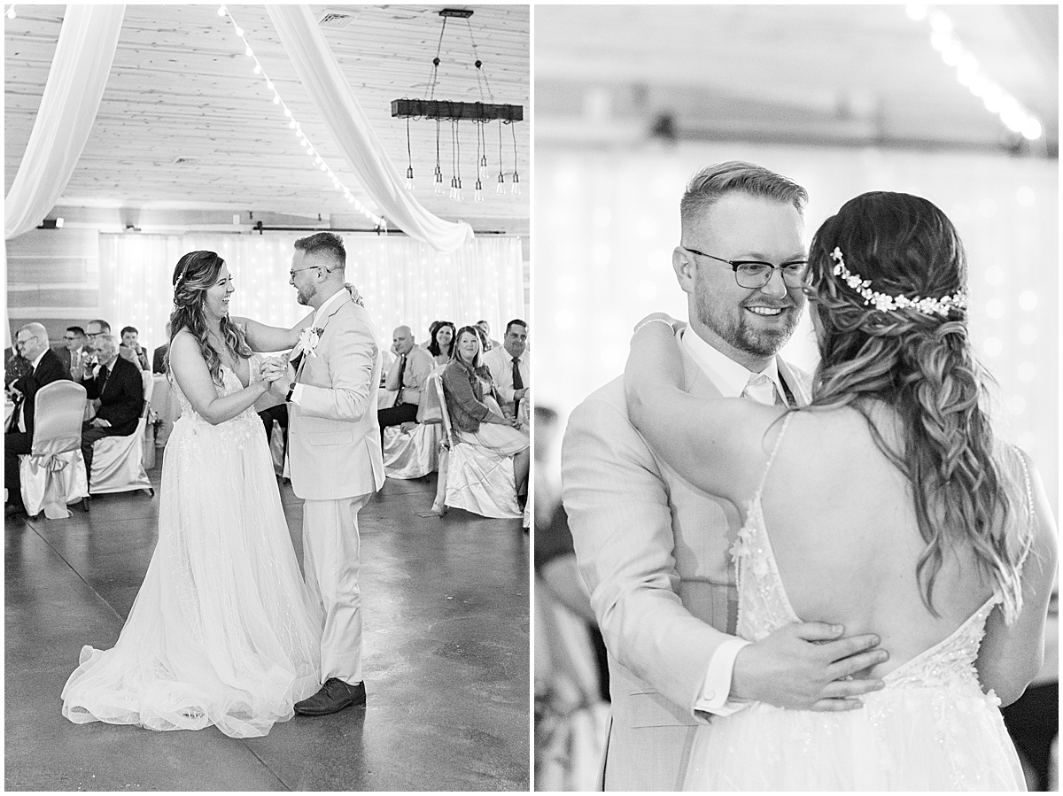 Bride and groom dance at Stables Event Center wedding in Lafayette, Indiana