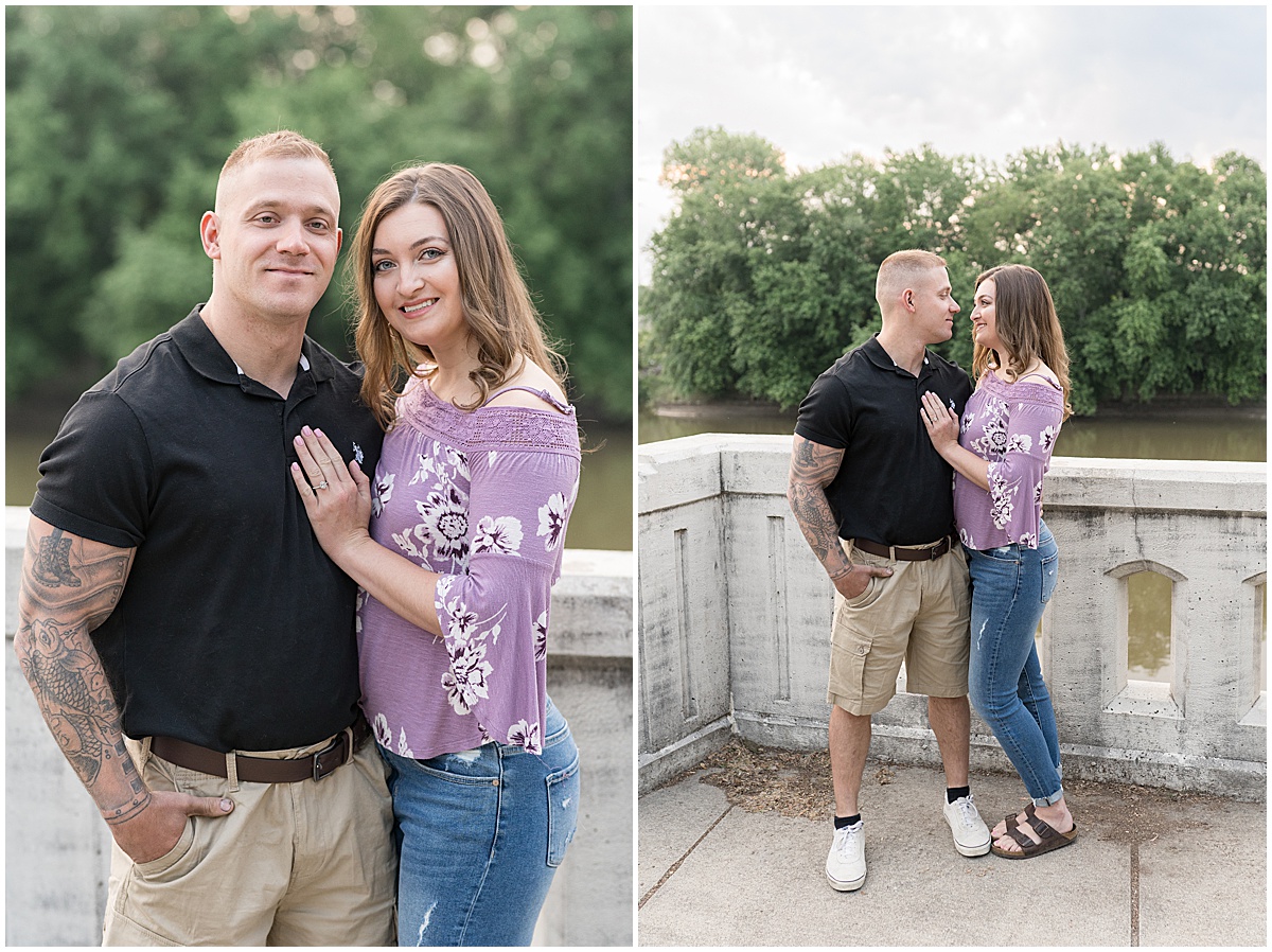 Couple in purple and black for sunrise engagement photos in Lafayette, Indiana at Tapawingo Park