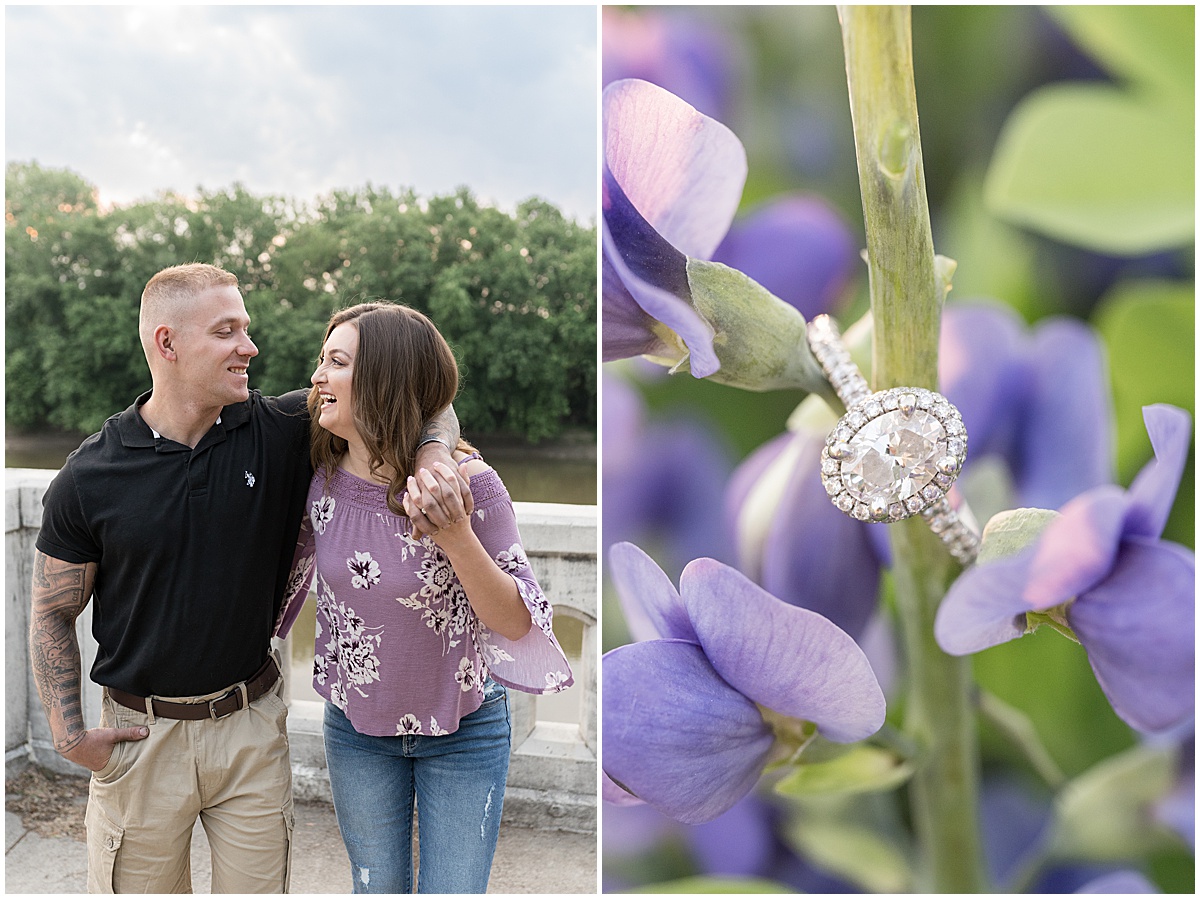 Ring detail in purple flowers at sunrise engagement photos in Lafayette, Indiana at Tapawingo Park