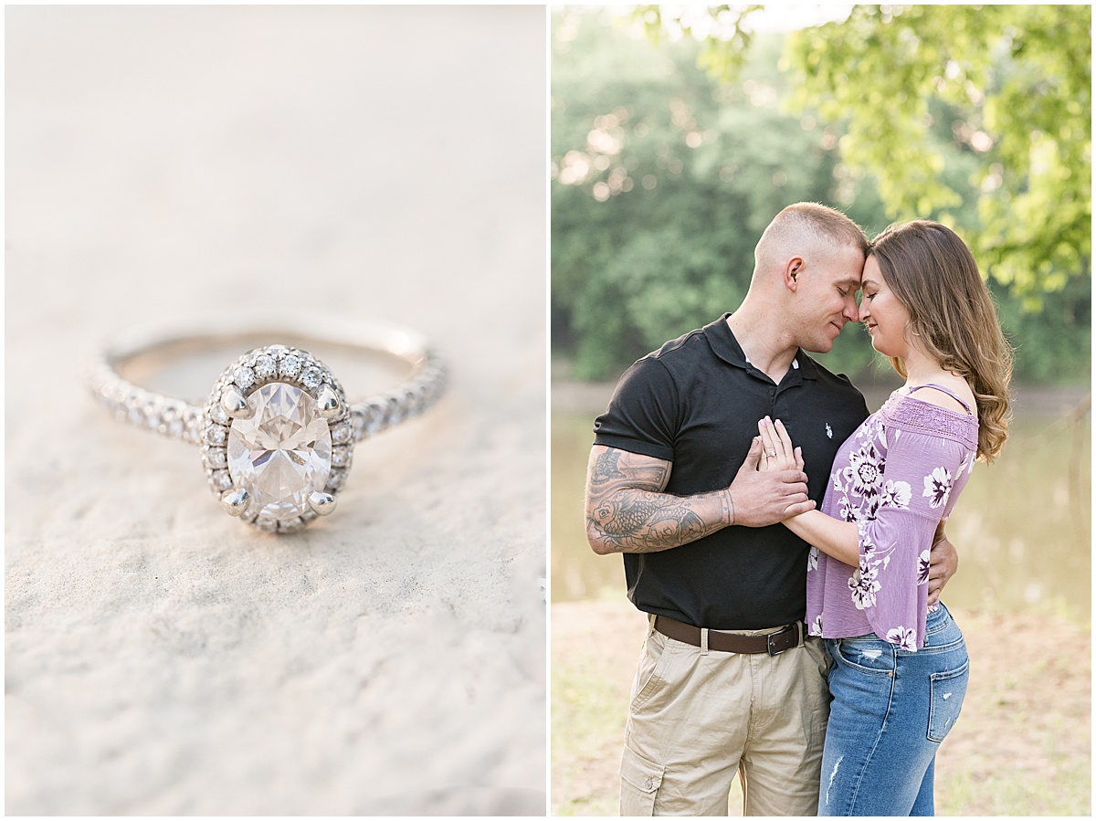 Close up of oval diamond ring at sunrise engagement photos in Lafayette, Indiana at Tapawingo Park