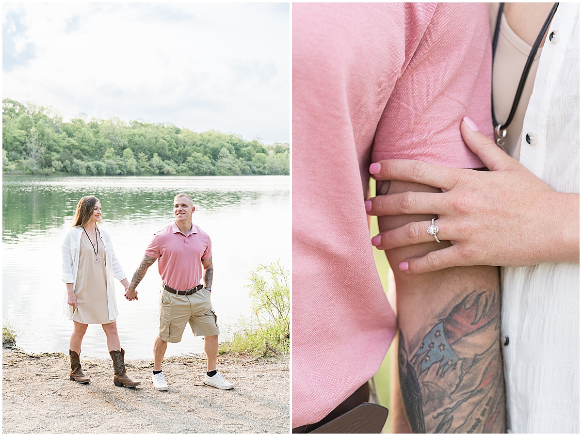 Couple walks on beach at sunrise engagement photos in Lafayette, Indiana at Fairfield Lakes Park