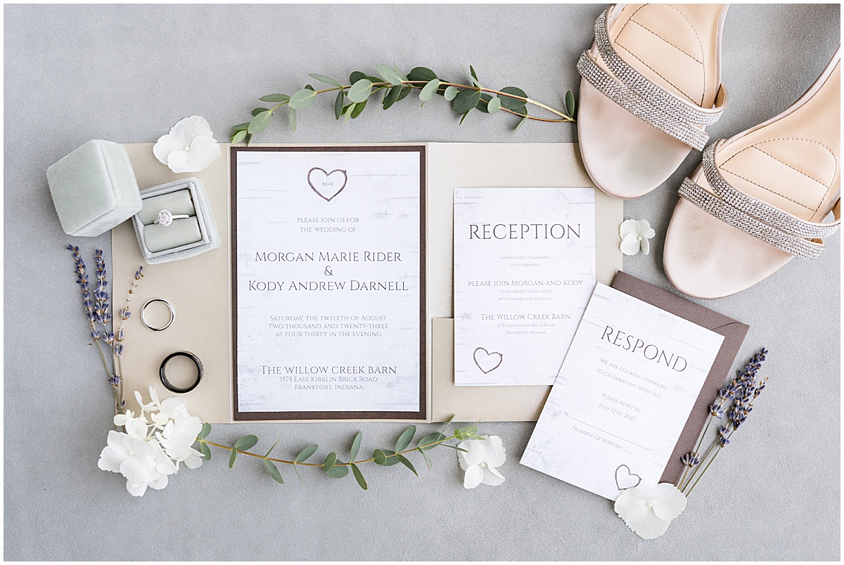Invitation suite for White Willow Creek Barn wedding in Frankfort, Indiana