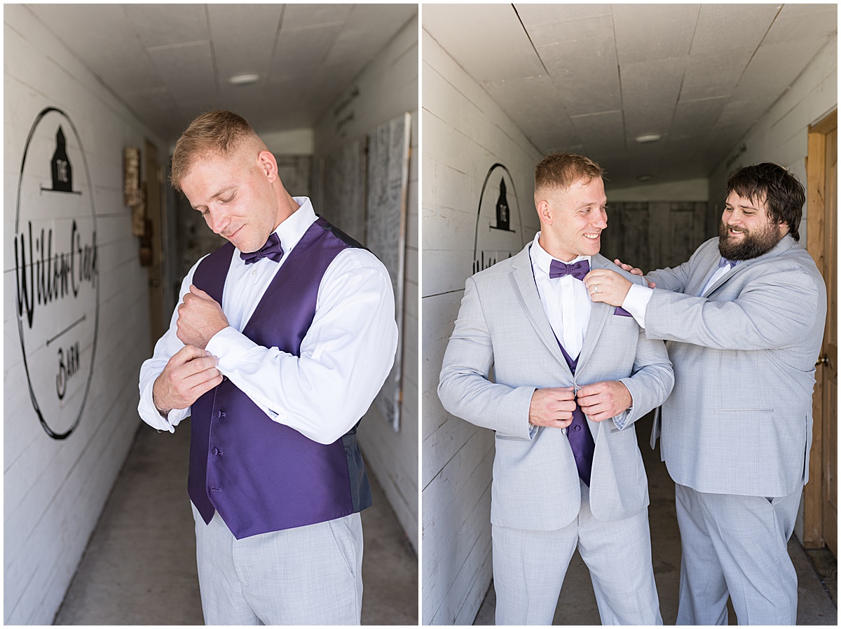 Groom in gray tux getting ready for White Willow Creek Barn wedding in Frankfort, Indiana