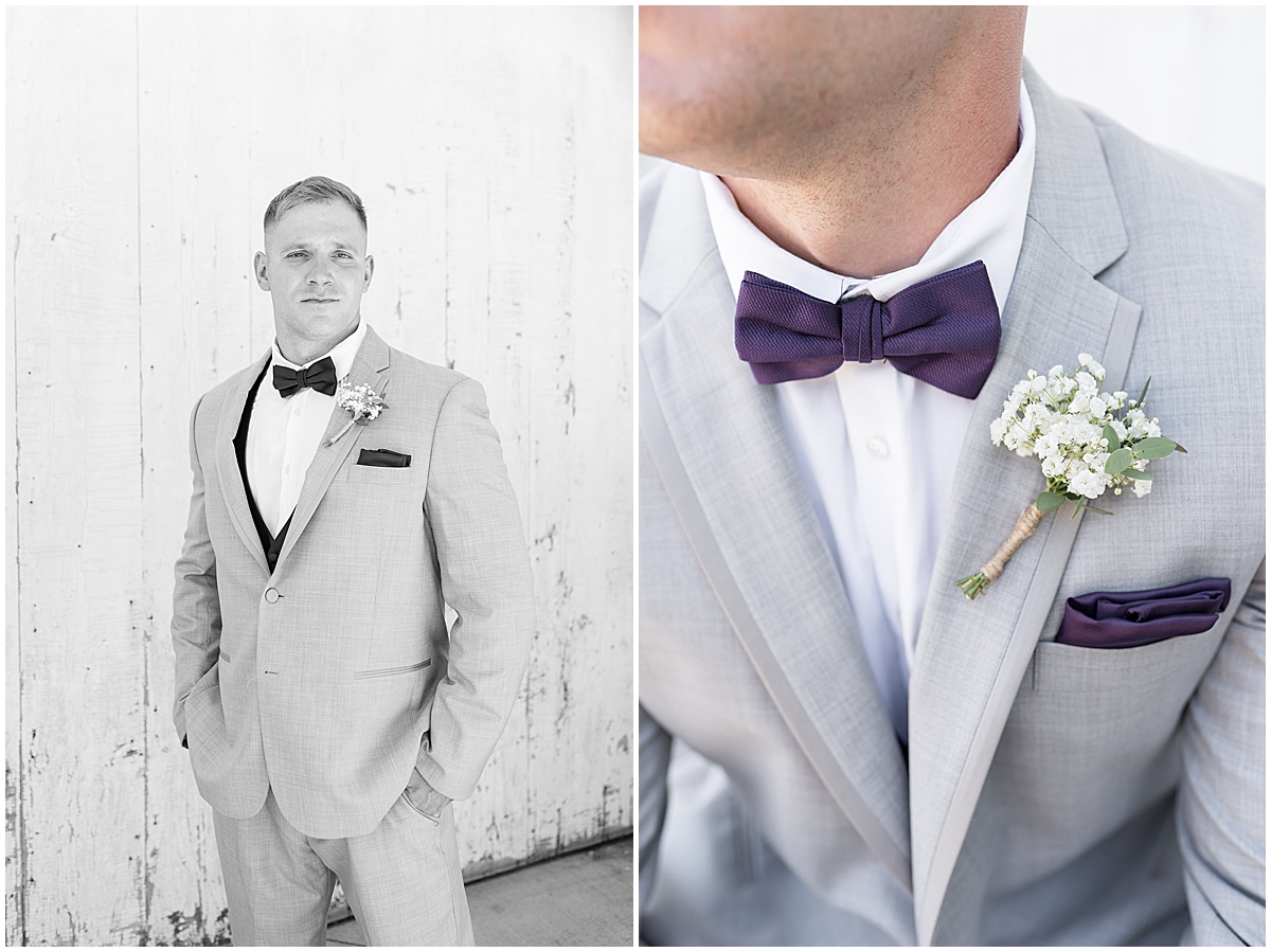 Purple and gray suit for White Willow Creek Barn wedding in Frankfort, Indiana
