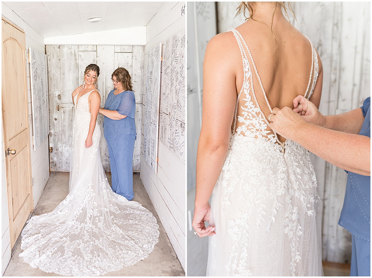 Mother of the bride helps bride get ready for White Willow Creek Barn wedding in Frankfort, Indiana