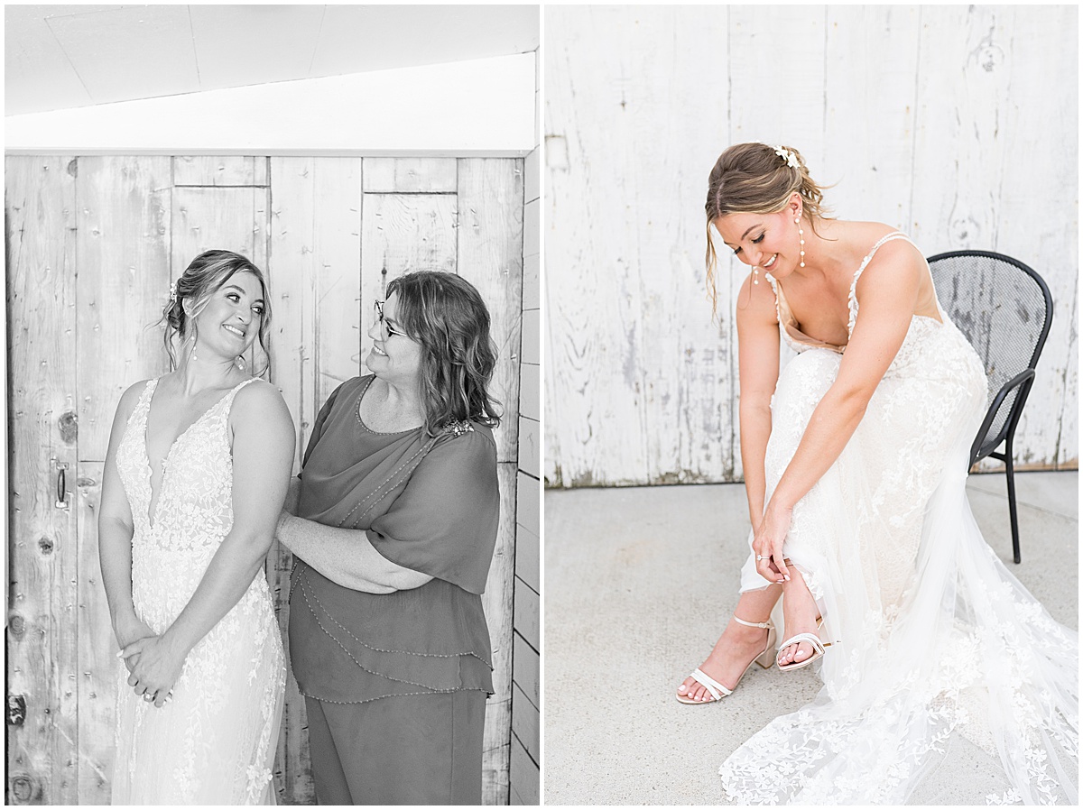 Bride puts on shoes before White Willow Creek Barn wedding in Frankfort, Indiana
