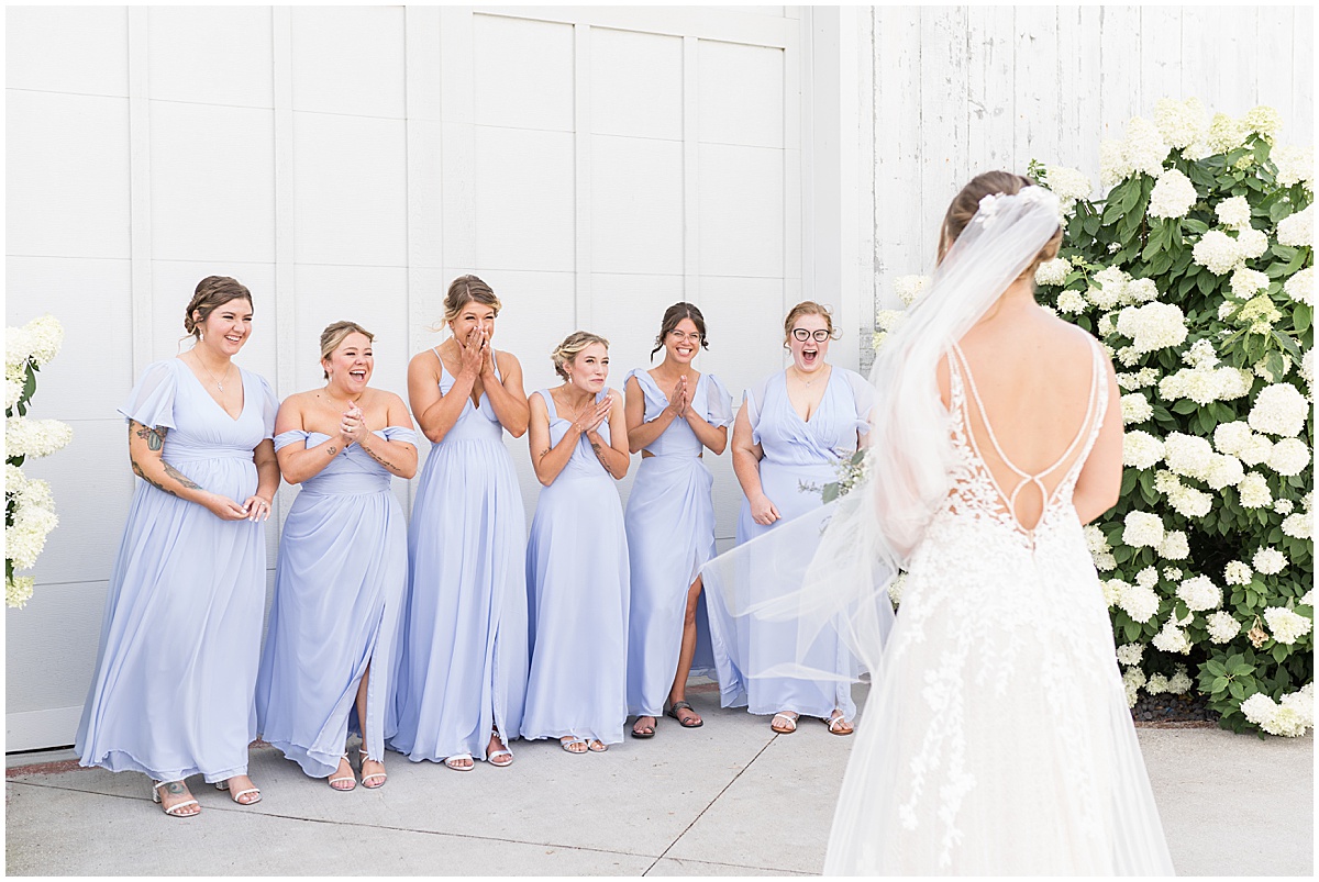 Bridesmaids reaction to bride at White Willow Creek Barn wedding in Frankfort, Indiana
