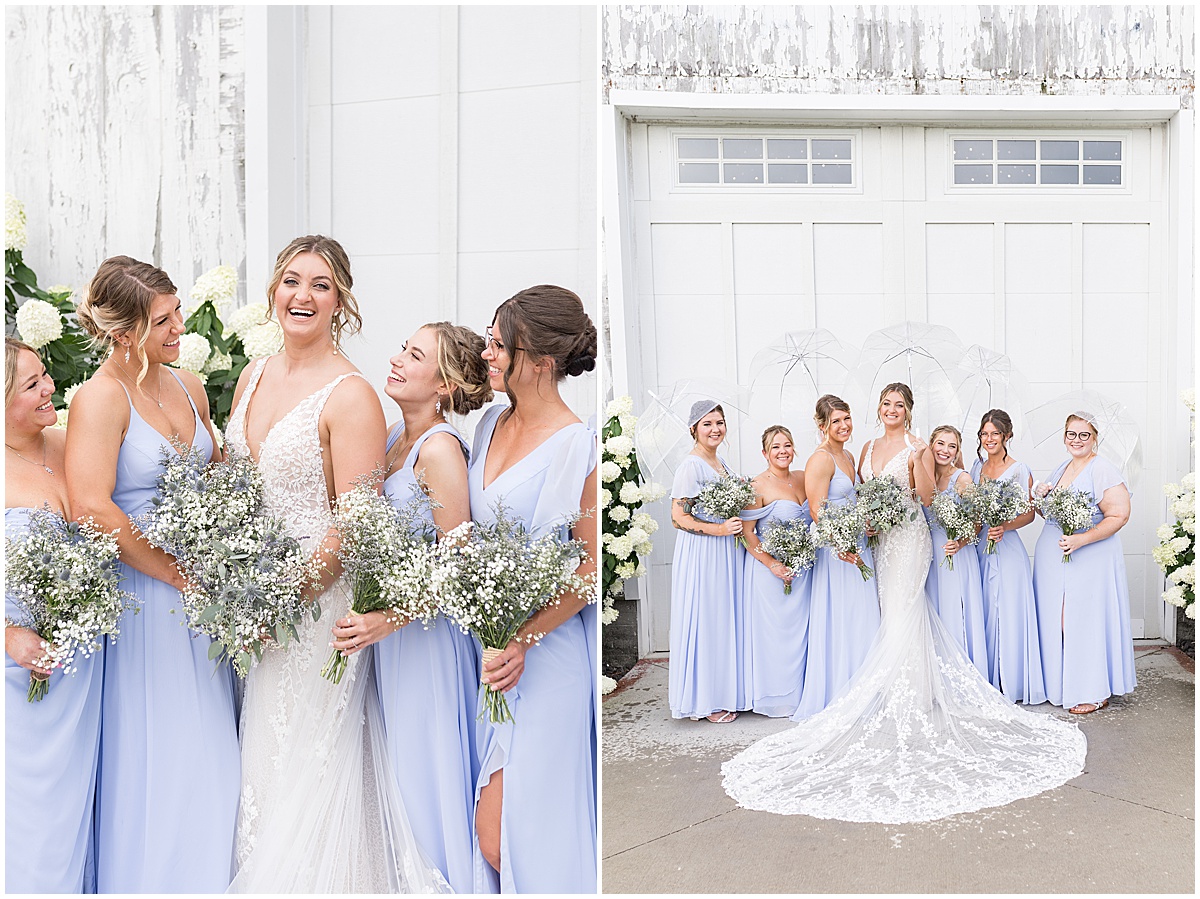 Bride and bridesmaids in lavender dresses at White Willow Creek Barn wedding in Frankfort, Indiana