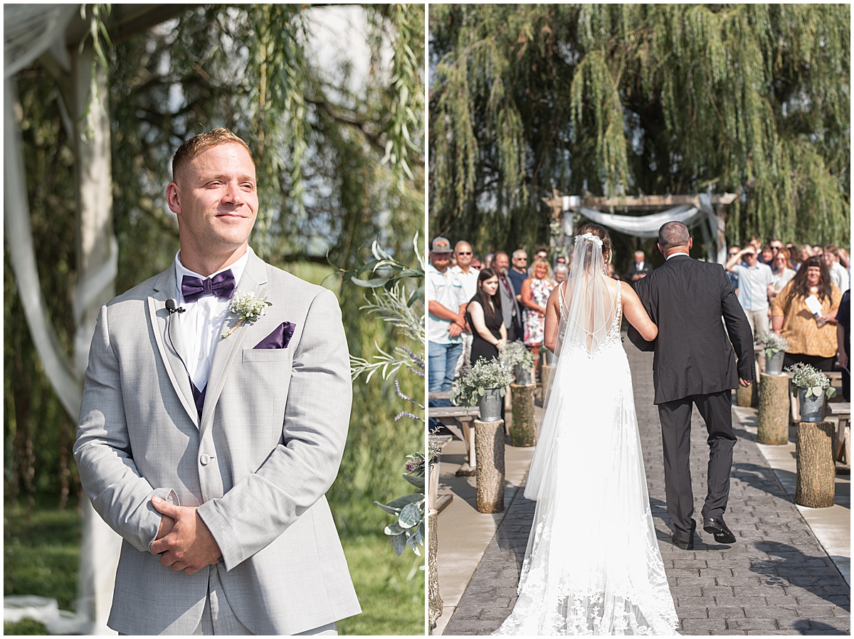 Groom sees bride walking down the aisle at White Willow Creek Barn wedding in Frankfort, Indiana