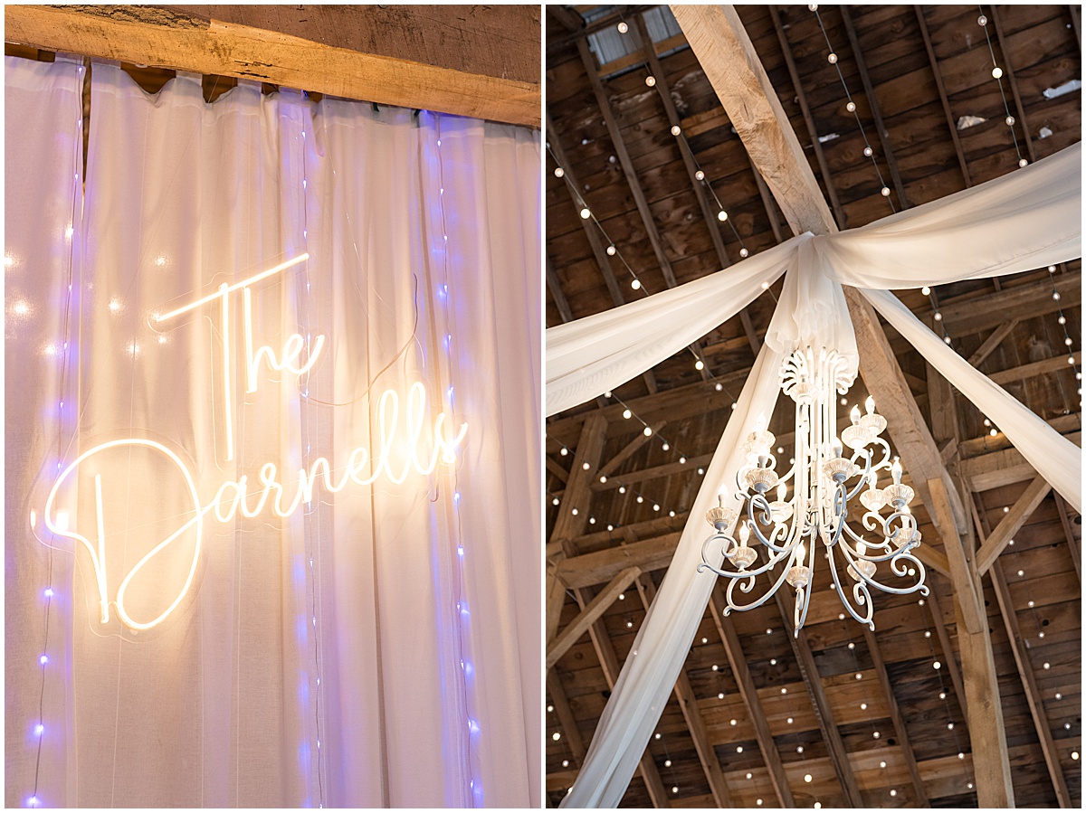 LED name sign and lighting for White Willow Creek Barn wedding in Frankfort, Indiana