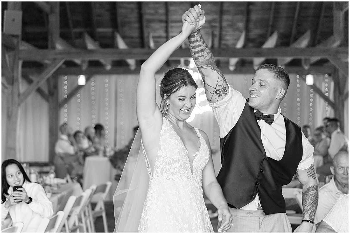 Newlyweds dancing at White Willow Creek Barn wedding in Frankfort, Indiana