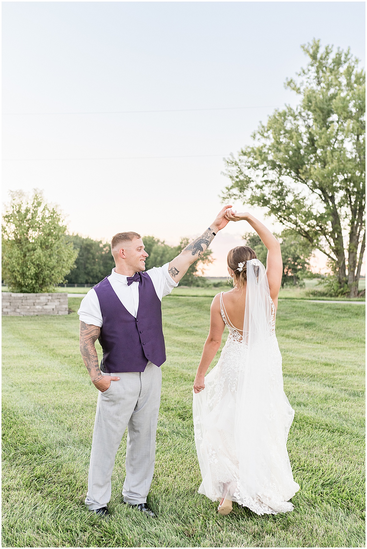 Couple dancing at sunset after White Willow Creek Barn wedding in Frankfort, Indiana