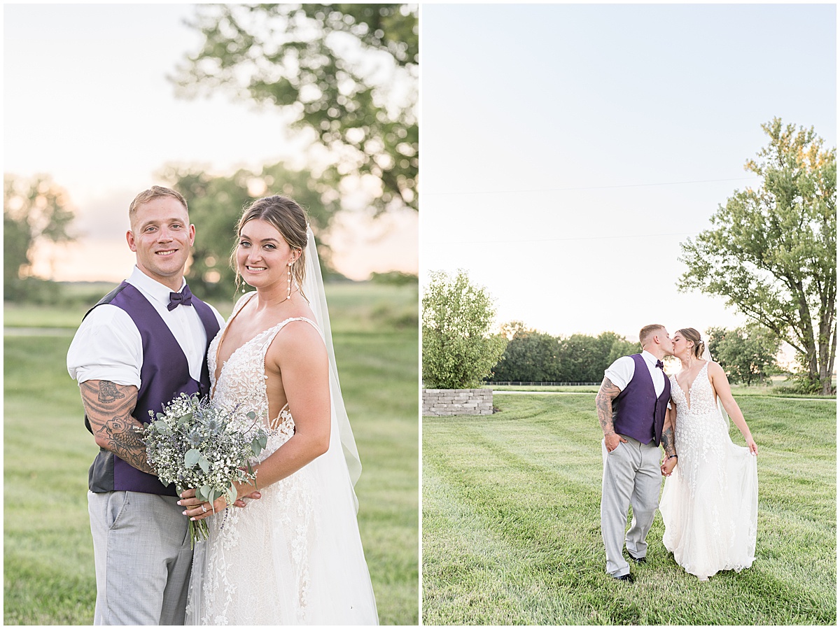 Couple kiss outside at sunset at White Willow Creek Barn wedding in Frankfort, Indiana
