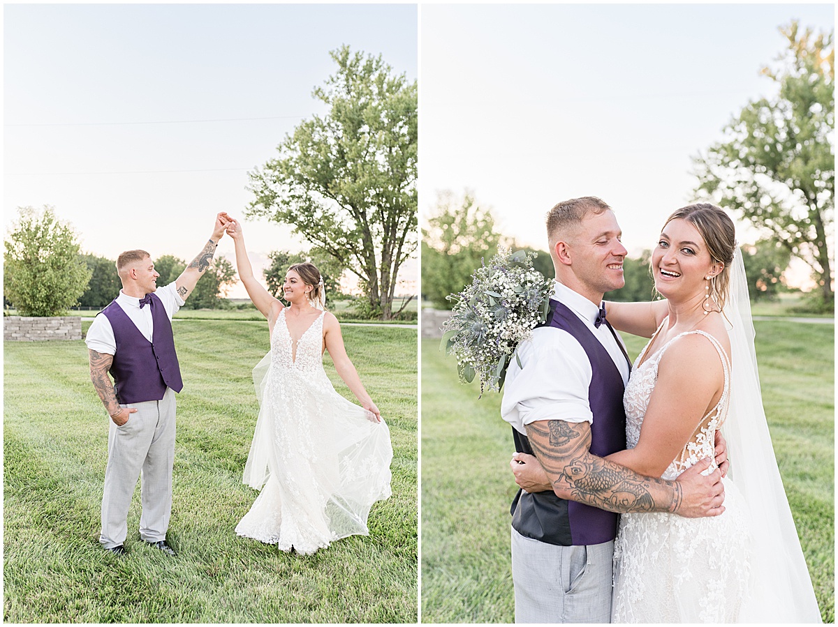 Newlyweds dance at sunset after White Willow Creek Barn wedding in Frankfort, Indiana