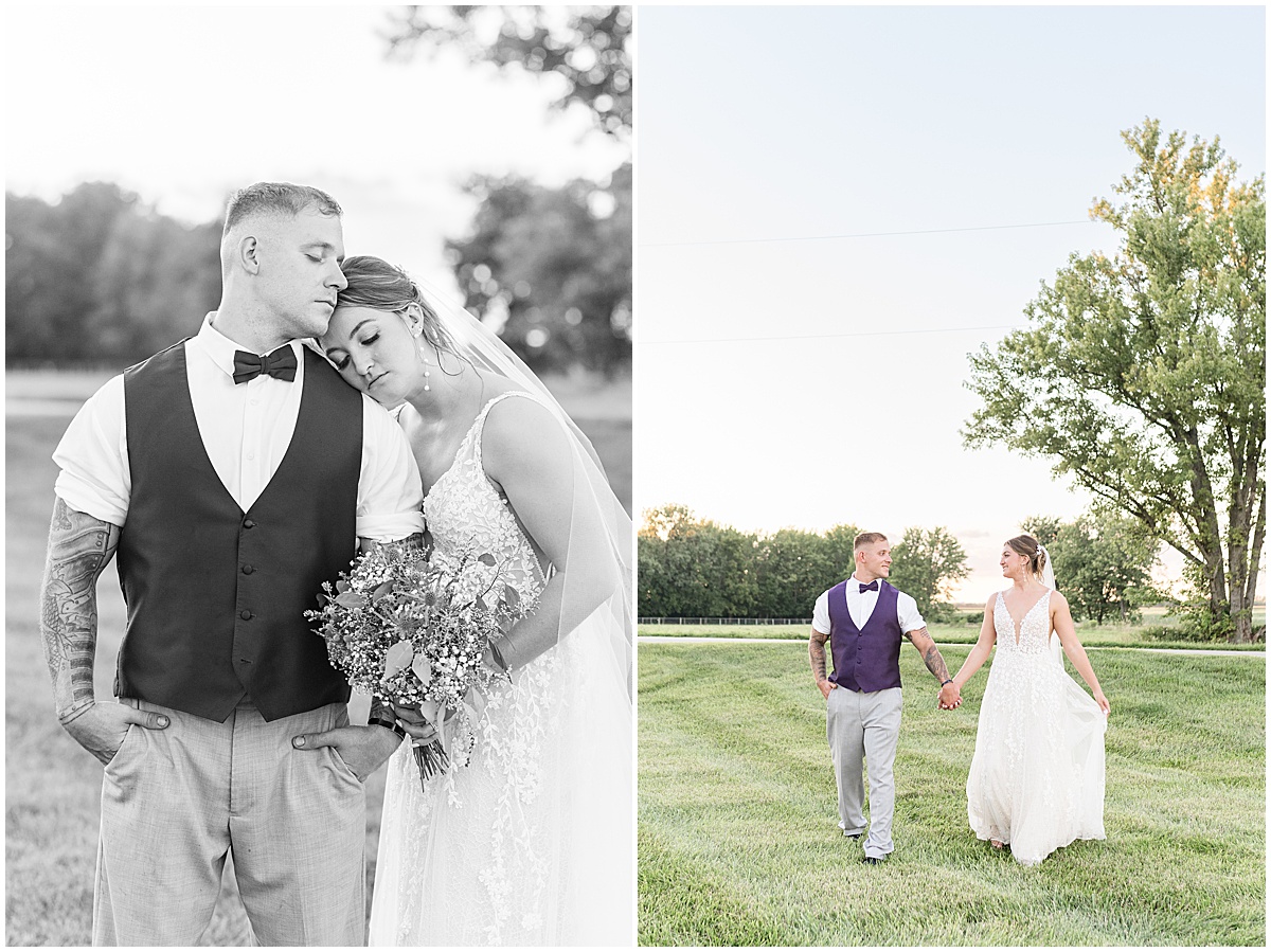 Couple hold hands outside White Willow Creek Barn wedding in Frankfort, Indiana