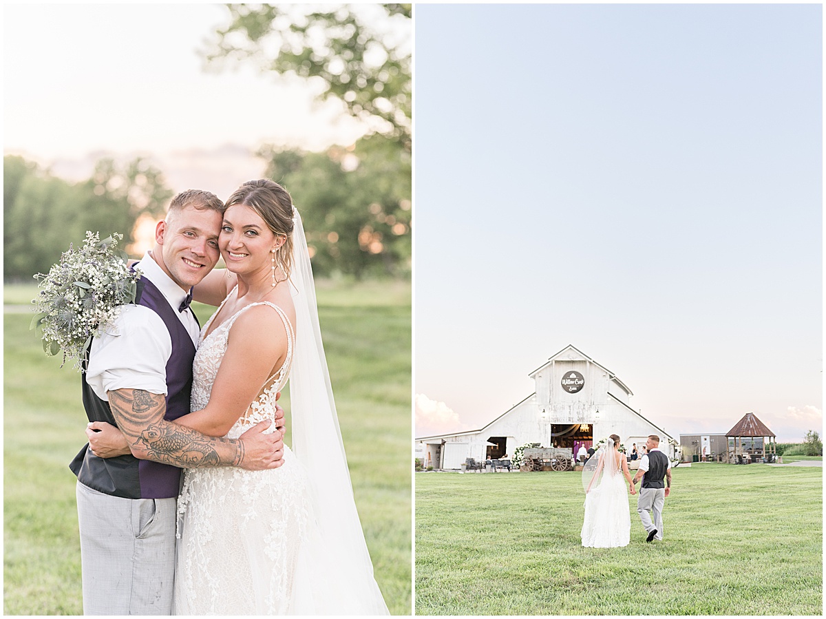 Couple walk outside venue at White Willow Creek Barn wedding in Frankfort, Indiana