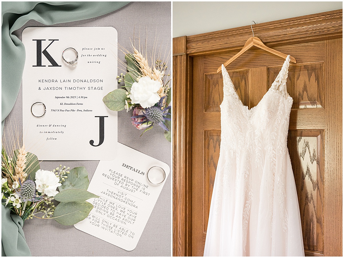 Neutral toned flat lay at private property wedding in Peru, Indiana
