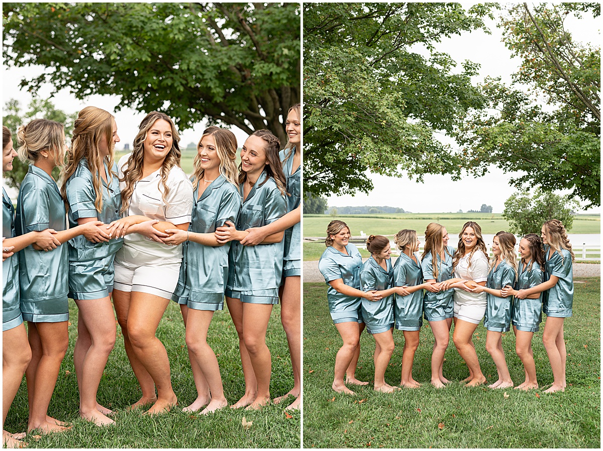 Bride and bridesmaids in pajamas before private property wedding in Peru, Indiana