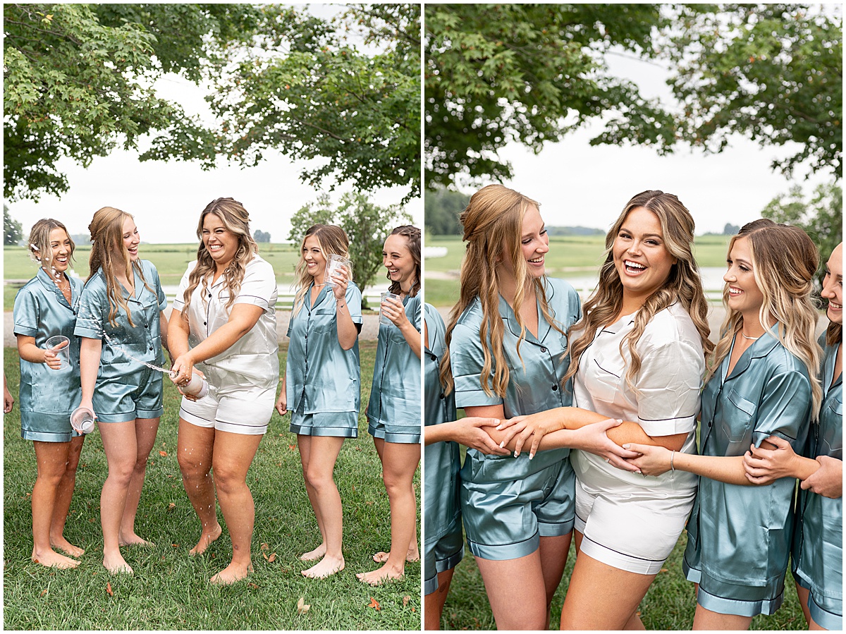 Bride and bridesmaids pop champagne before private property wedding in Peru, Indiana