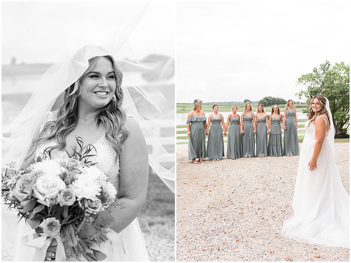 First look with bridesmaids before private property wedding in Peru, Indiana