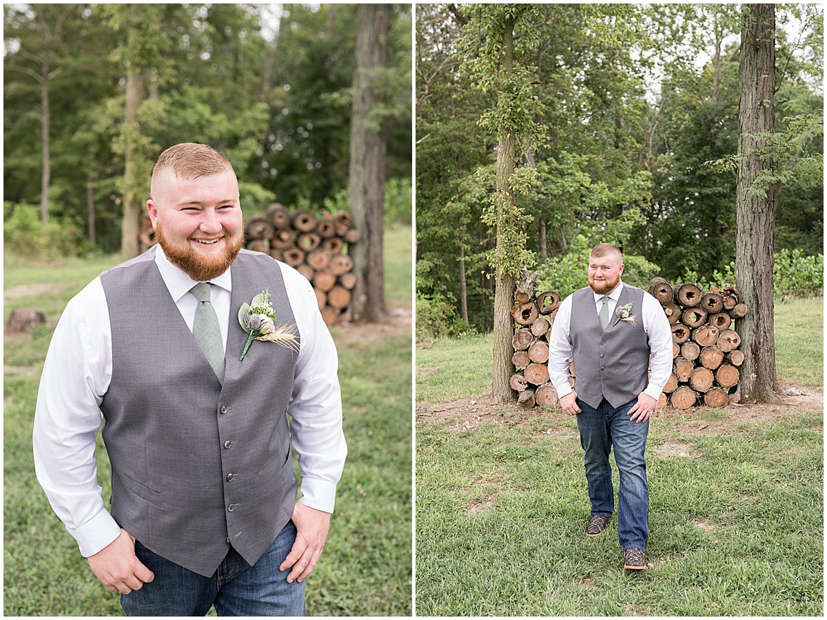 Groom portrait outside by woodland at private property wedding in Peru, Indiana