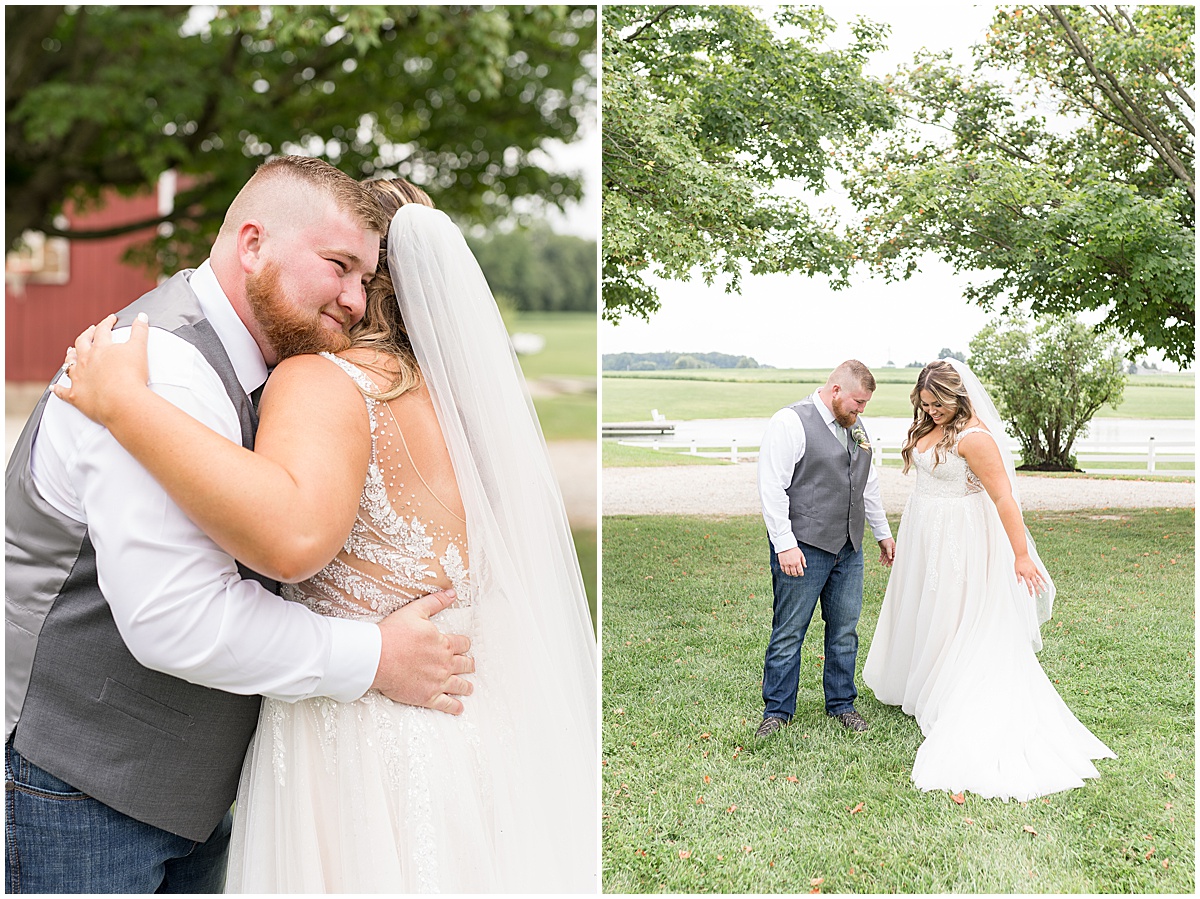 Groom hugs bride after first look at private property wedding in Peru, Indiana