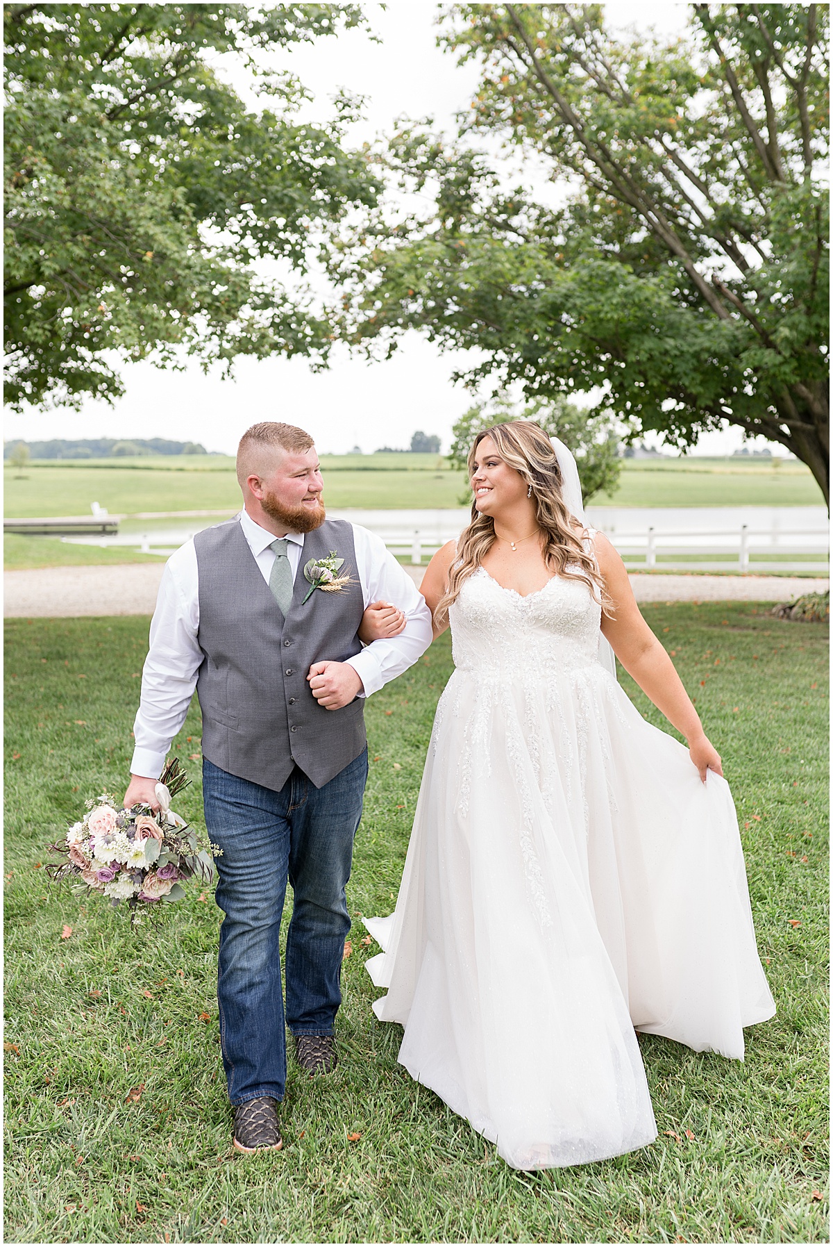 Bride and groom walk together outside before private property wedding in Peru, Indiana