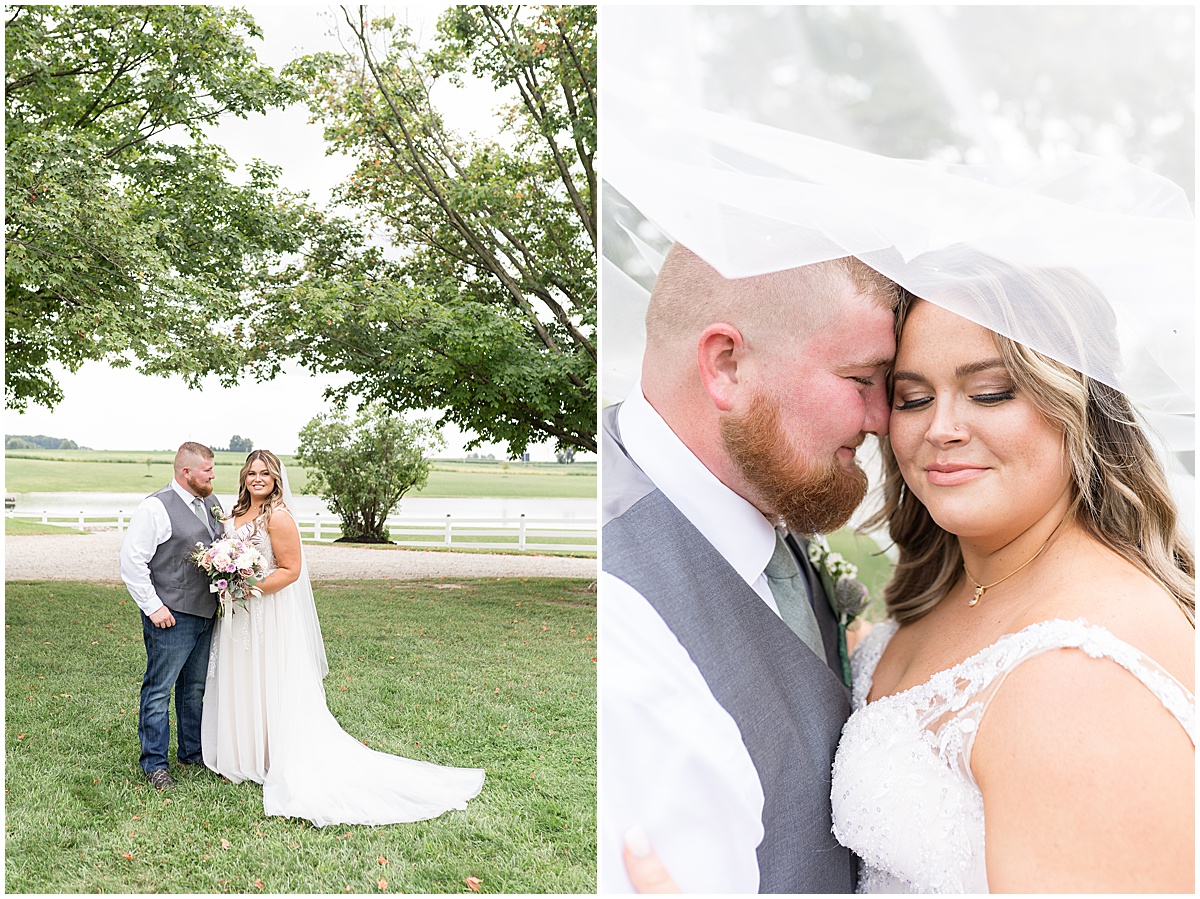 Bride and groom get close under veil at private property wedding in Peru, Indiana