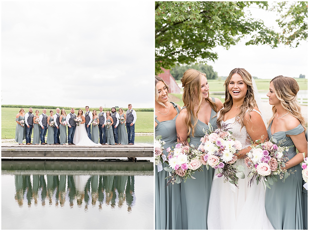Bride laughs with bridesmaids in green at private property wedding in Peru, Indiana