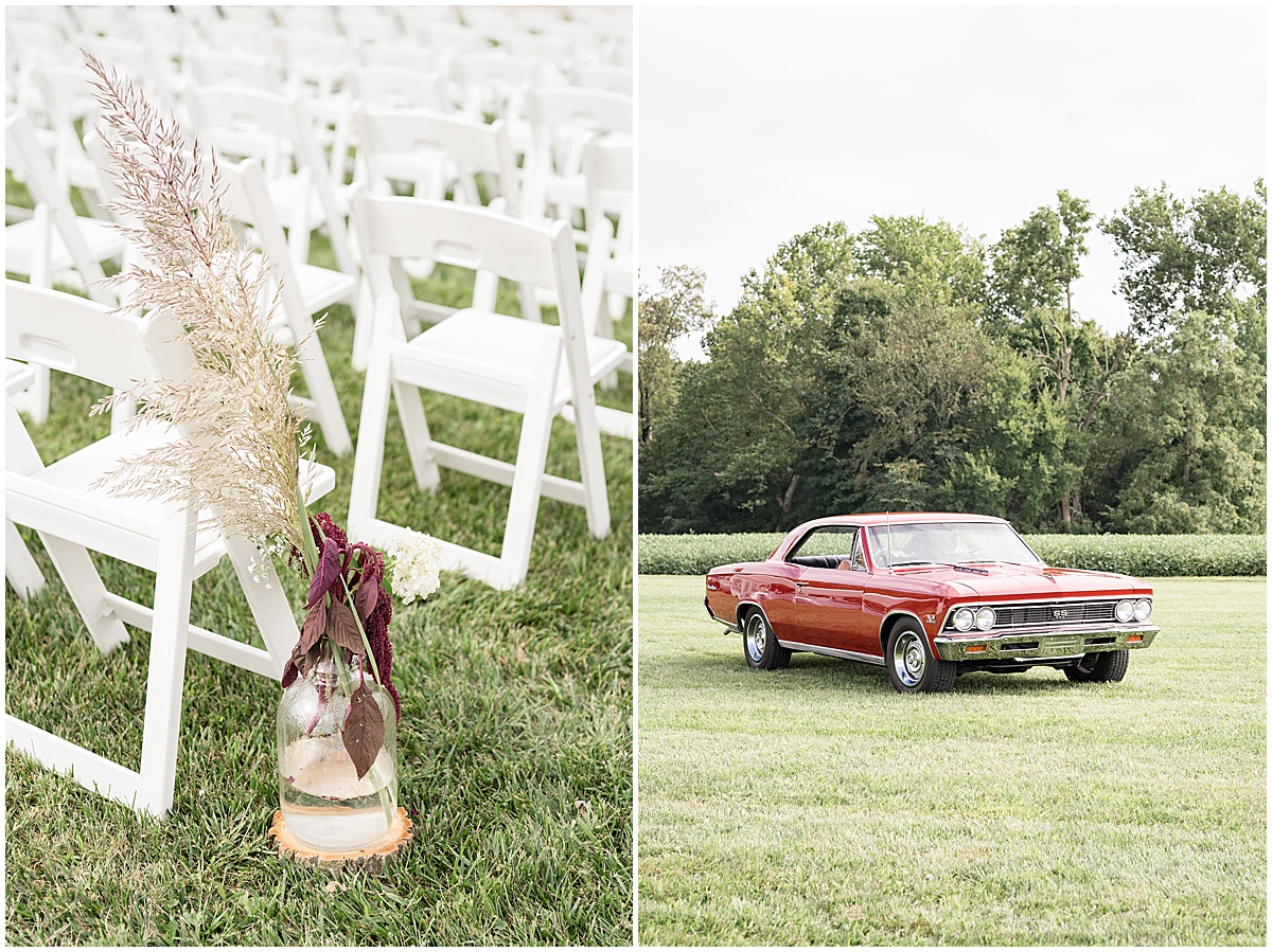 Bride arrives in vintage car for private property wedding in Peru, Indiana