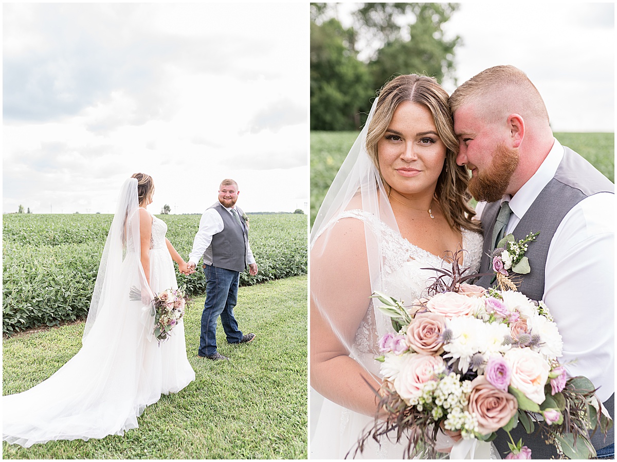 Groom admires bride during couple portraits at private property wedding in Peru, Indiana