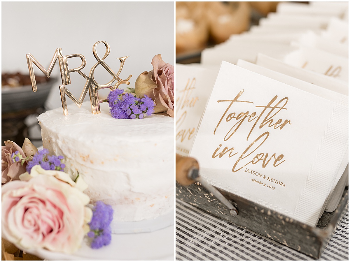 Personalized napkins and cake for private property wedding in Peru, Indiana