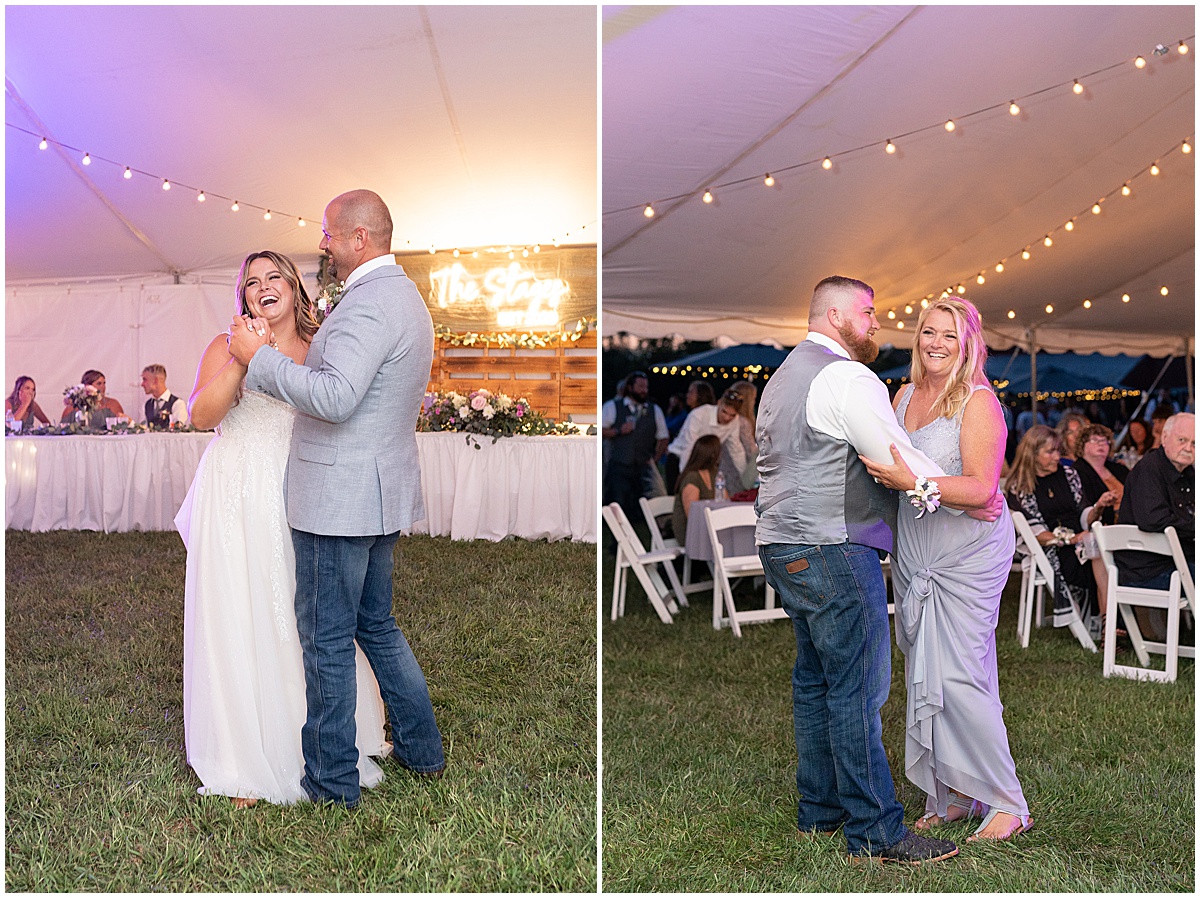 Bride and groom dance with parents at private property wedding in Peru, Indiana