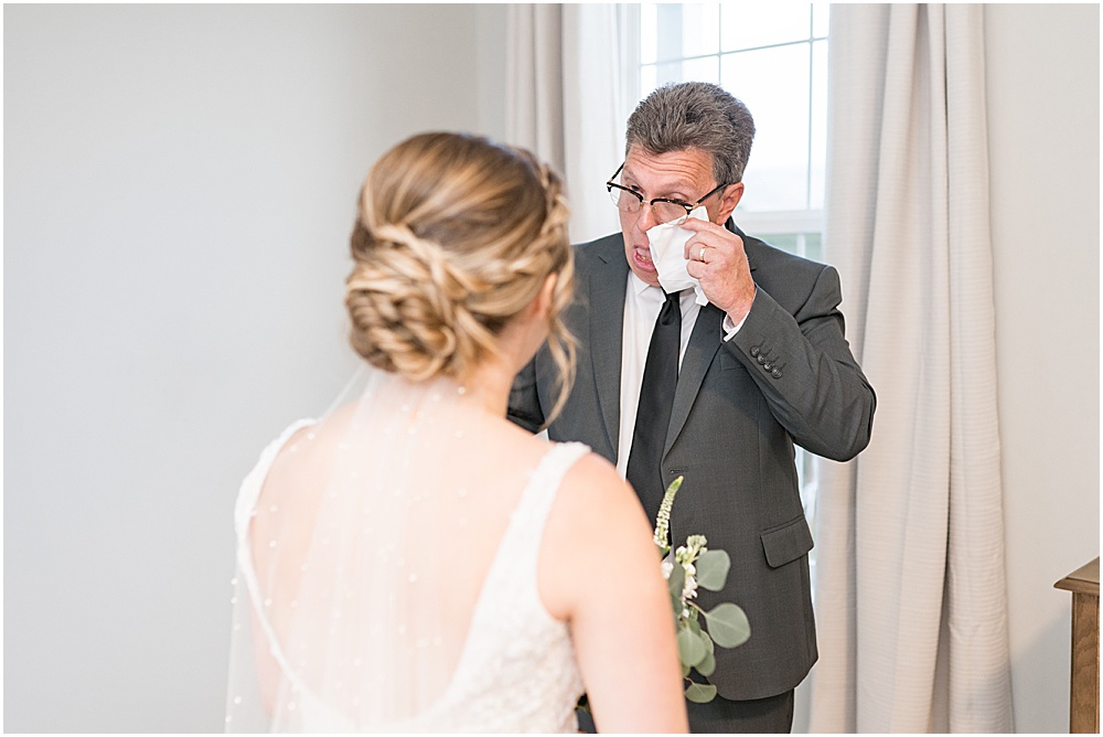 Father-daughter first look before at-home, brunch wedding in Westfield, Indiana