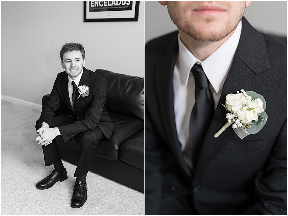 Groom portraits before at-home, brunch wedding in Westfield, Indiana