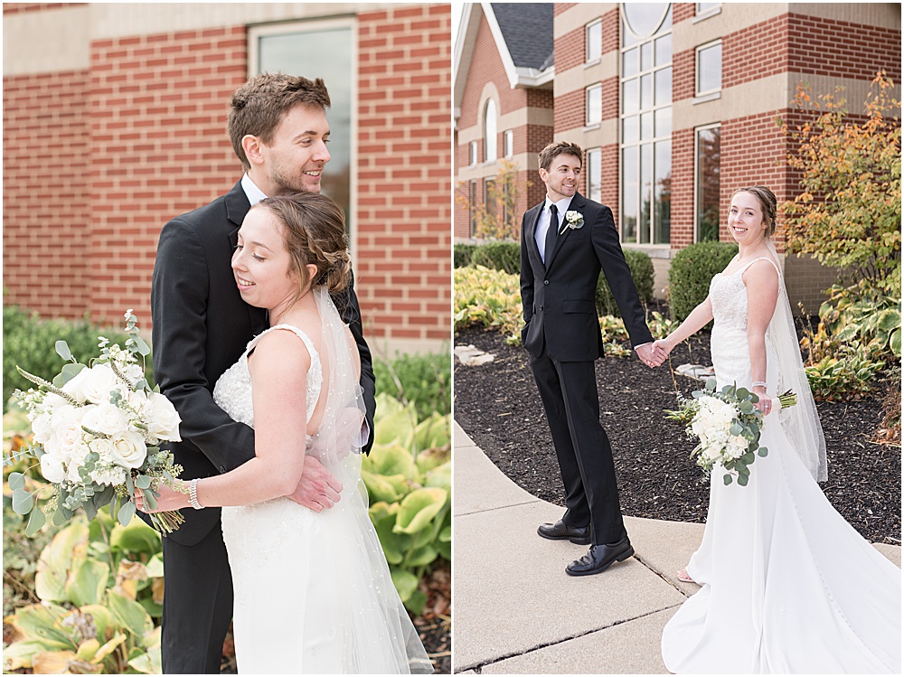 Bride and groom portraits at St. Maria Goretti Catholic Church in Westfield, Indiana