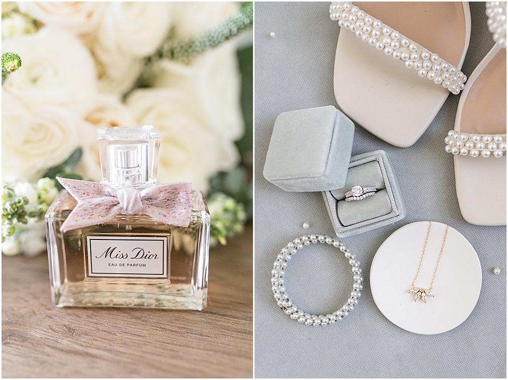 Bride's perfume and jewelry for at-home, brunch wedding in Westfield, Indiana