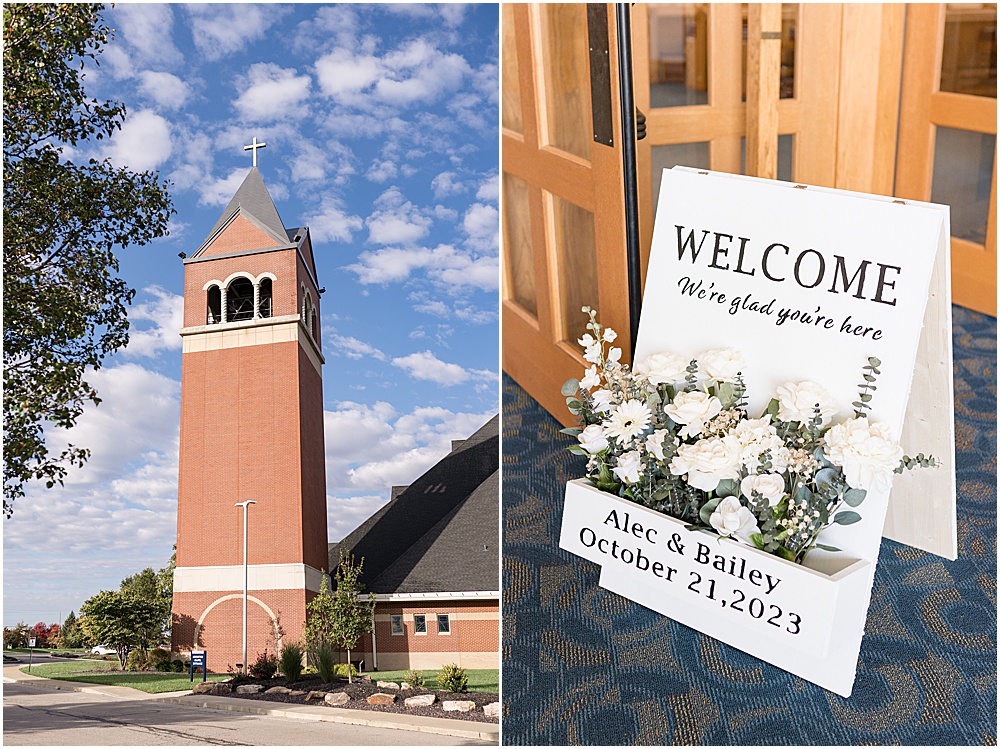 Exterior of St. Maria Goretti Catholic Church in Westfield, Indiana and wedding welcome sign
