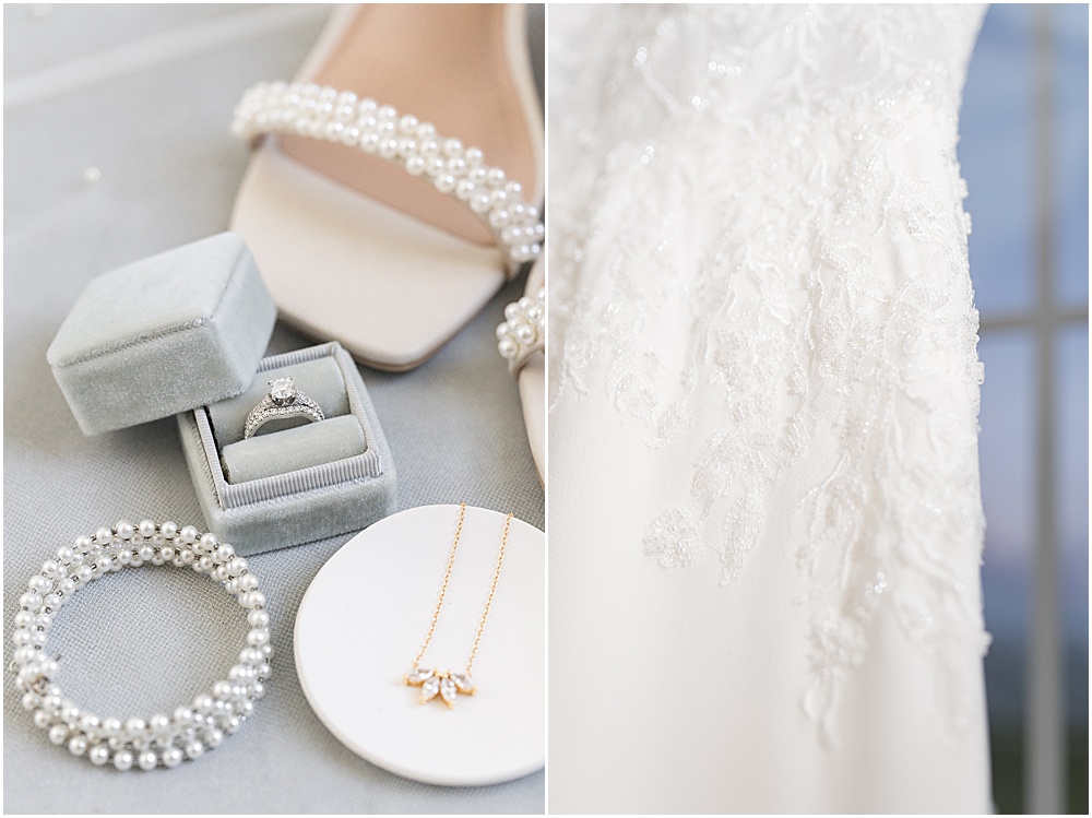 Closeup of bride's dress, shoes, and jewelry for at-home, brunch wedding in Westfield, Indiana