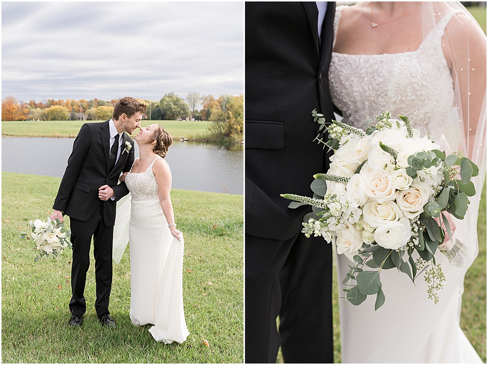 Bride and groom photos in front of St. Maria Goretti Catholic Church in Westfield, Indiana