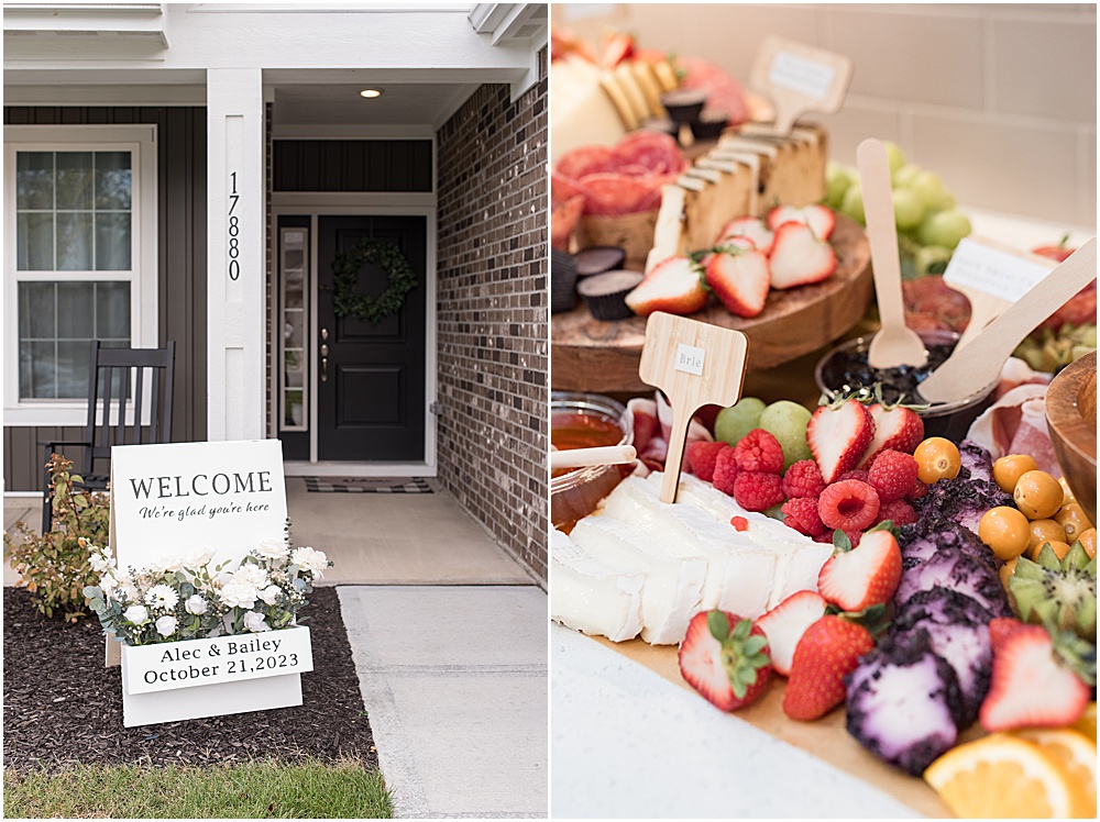 Welcome sign and charcuterie spread from at-home, brunch wedding in Westfield, Indiana