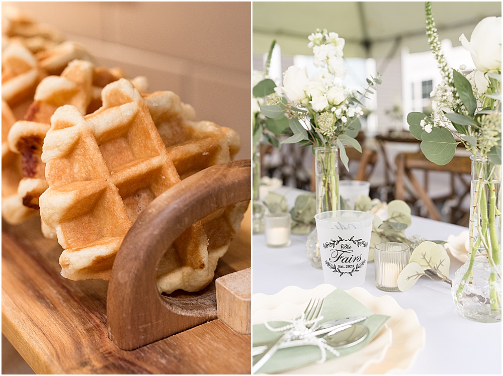 Waffles and table decor from at-home, brunch wedding in Westfield, Indiana