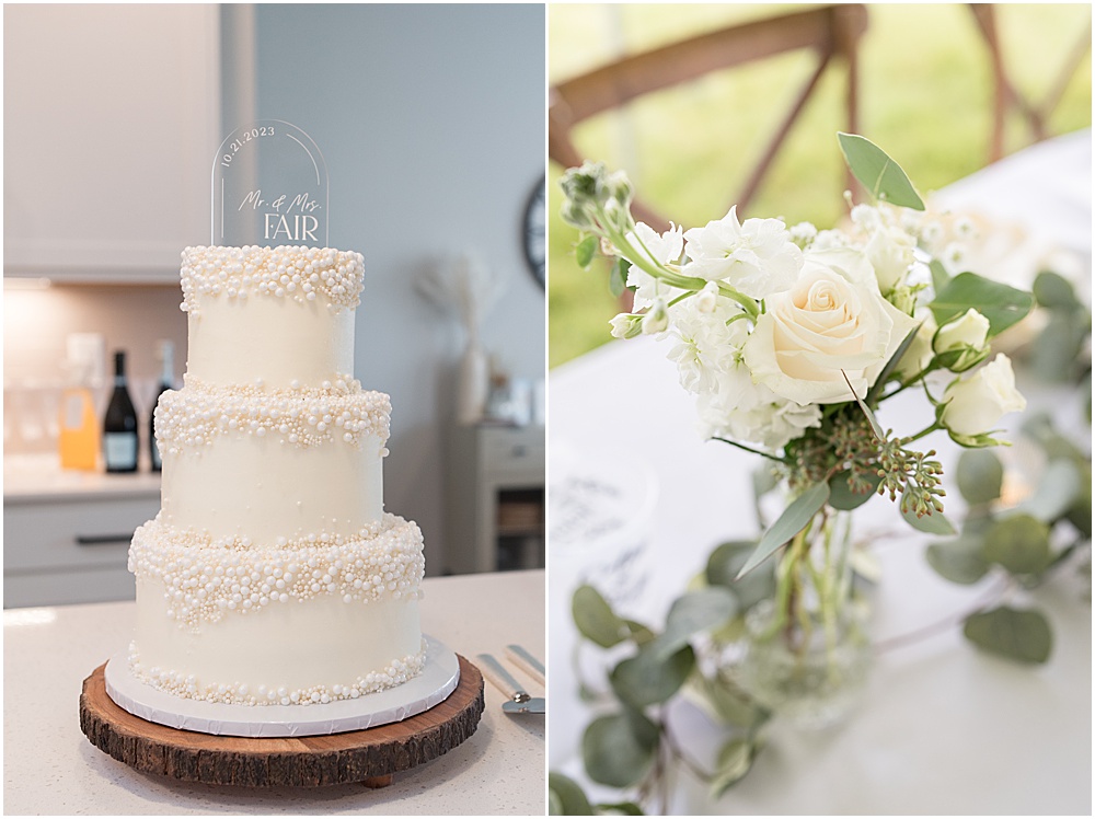Wedding cake with pearls and table decor from at-home, brunch wedding in Westfield, Indiana